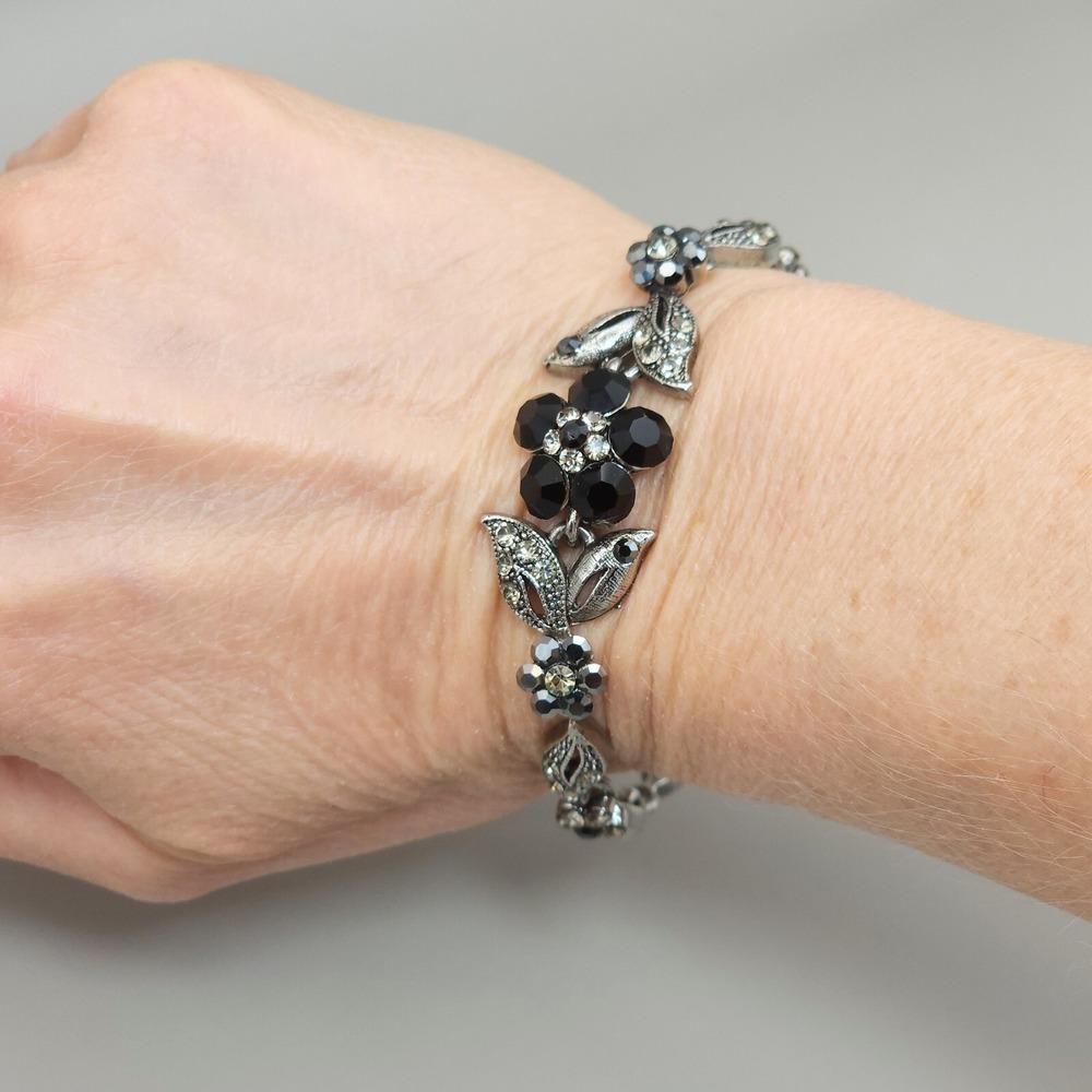 Vintage 1950s Marcasite Style Rhinestone Flower Necklace Bracelet Set Black Gray - Picture 15 of 16